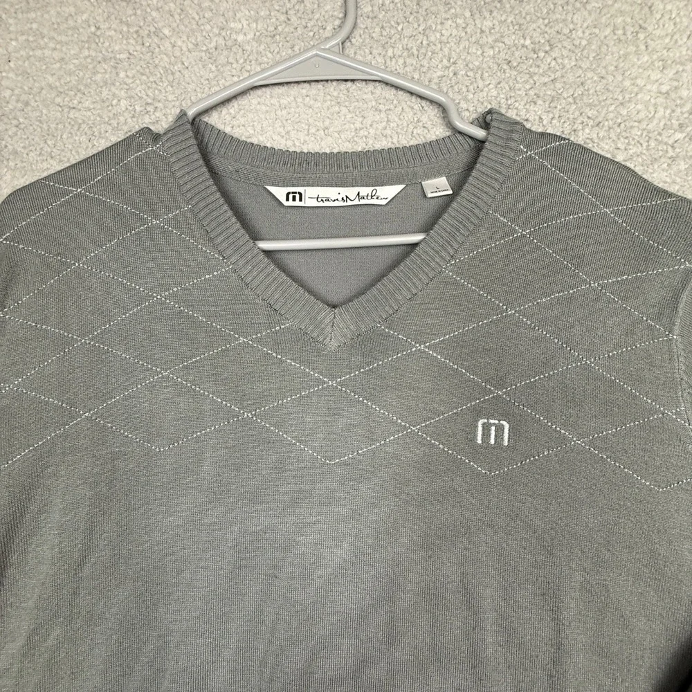 Travis Mathew Mens Gray V Neck Argyle Long‎ Sleeve Sweater Size L